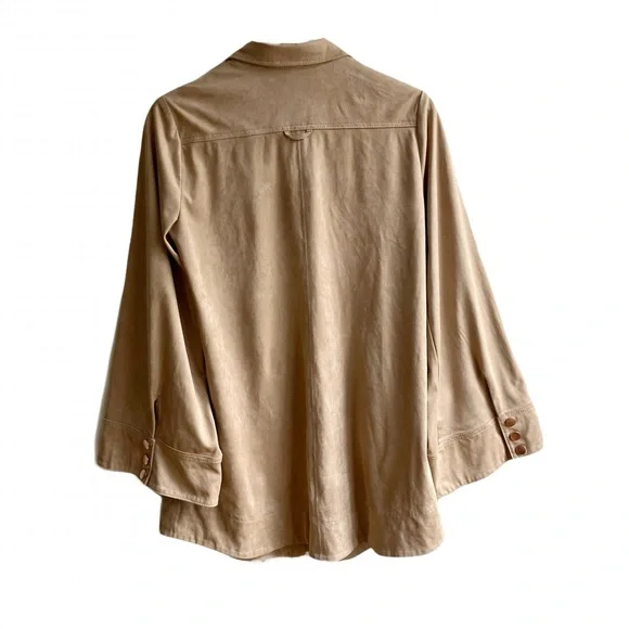 Free People Ari Faux Suede Shirt Jacket Size M Tan Rose Gold Buttons Boho Top - Picture 6 of 16